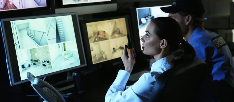 Security Guard looking at computer monitor.